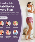 Woman wearing Elastic Ankle Support Sleeve For Men And Women, Easy Slip On Foot And Ankle Brace while standing at home, with text about benefits like swelling reduction and pain relief.