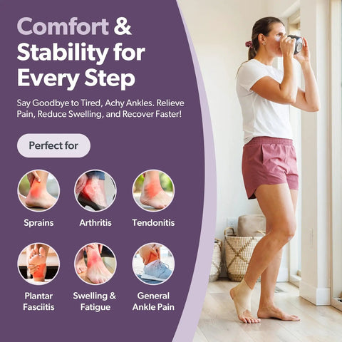 Woman wearing Elastic Ankle Support Sleeve For Men And Women, Easy Slip On Foot And Ankle Brace while standing at home, with text about benefits like swelling reduction and pain relief.