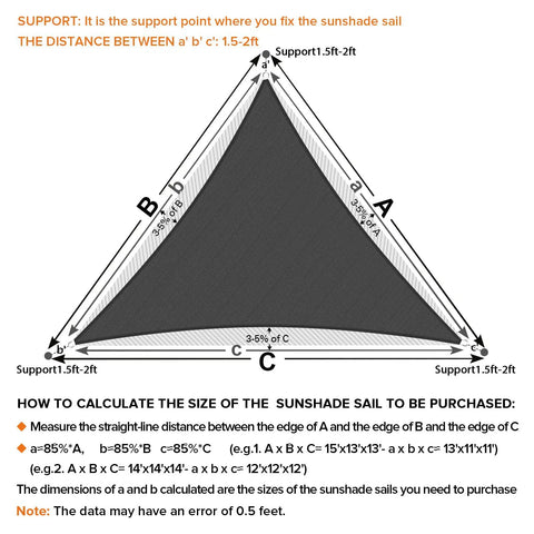 Diagram showing Sun Shade Sail 20 By 20 By 28 Point 3 Triangle Dark Grey With Curved Edges Commercial Grade 185GSM HDPE Outdoor Shade Cloth installation.