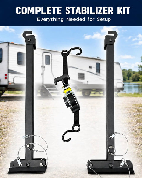 Heavy Duty RV Stabilizer Kit Packs Adjustable I Beam Mounts with stabilizer legs and straps for campers and trailers 17 to 35 inches.