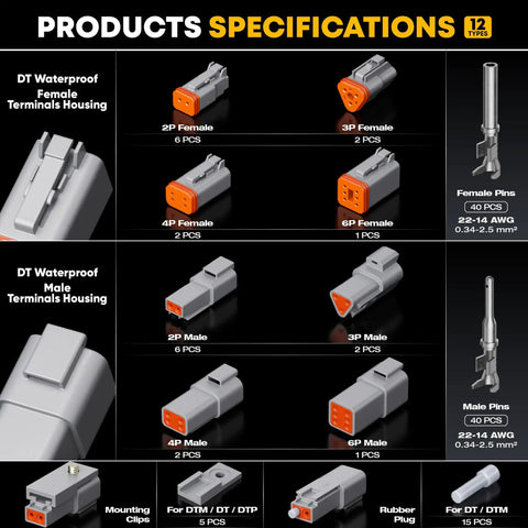 DT Series All In One Connector Crimp Tool Kit for Waterproof Automotive Electrical Connectors product specifications showing various terminal housings, pins, and accessories.