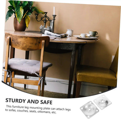 Heavy Duty Table Leg Mounting Plates For Furniture And Sofa Feet Connectors With Pre Drilled Holes displayed with a wooden table and chairs.