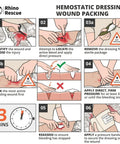 Rhino Rescue sterile compressed gauze 6-pack wound dressing with hemostatic dressing/wound packing steps diagram.