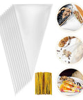 Cone Shaped OPP Treat Bags Pack Of 500, Heat Resistant and Stable for snacks, shown with cookies, candy, and twist ties.