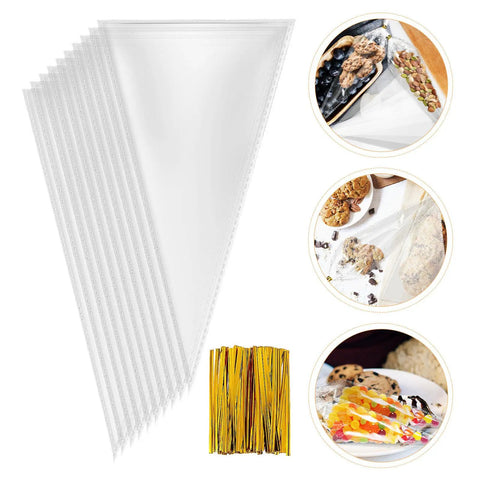 Cone Treat Bags 500 Pack Heat Resistant OPP Material Triangular Candy And Cookie Packaging Bags with sweets and ties