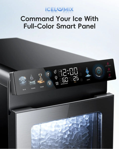 Smart Nugget Ice Maker For Countertop With Smartphone App Control And A Spacious 1.14 Gallon Side Tank features a smart panel display.