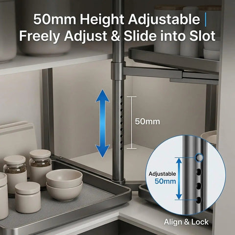 50mm adjustable height feature of 2 Tier Adjustable Lazy Susan Corner Cabinet Organizer with Soft Close Pull Out Heavy Duty Kitchen Storage Solution.