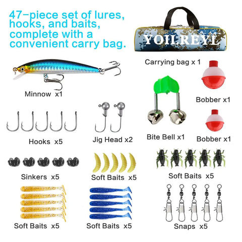 47-piece fishing tackle set with lures, hooks, bobbers, and carry bag for Kid Friendly Telescopic Fishing Rod And Reel Combo.
