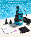 Automatic Submersible Water Pump With Smart Float Switch Delivers 5548 GPH High Flow For Yard Basement Pond Removal Plus Sump Jobs Heavy Duty 1HP components including pump and accessories.