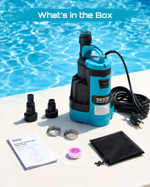 Automatic Submersible Water Pump With Smart Float Switch Delivers 5548 GPH High Flow For Yard Basement Pond Removal Plus Sump Jobs Heavy Duty 1HP components including pump and accessories.