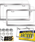Stainless Steel License Plate Frame And Cover Kit With Clear Flat Shield For Front And Rear Tough As Nails Protection Chrome Screw Caps Included 2 Sets Sleek Durable Tag Holder For Cars shown.
