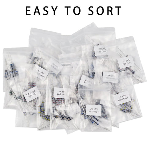 Assorted carbon film resistors, 2W, 25 values, 0.68Ω-1MΩ, 250 pcs in clear plastic bags