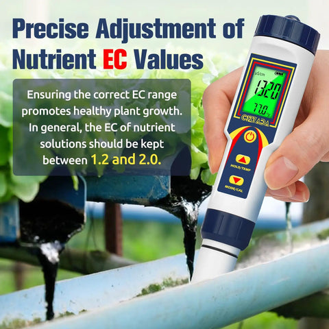 Hand holding 4 In 1 Pro Grade pH EC TDS Temp Meter For Hydroponics Digital Water Tester For Nutrients PPM And EC Readings DWC And Garden Hydroponic Systems Precise pH And Temperature Monitor next to plant