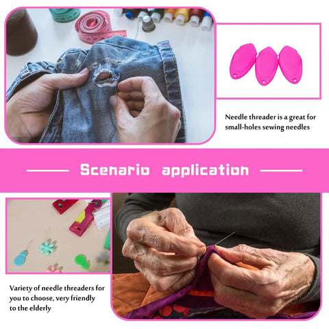 All in One Needle Threader Set For Hand Sewing And Embroidery With 20 Pieces, Six Types With Three Each Plus Two Thimbles, Easy To Use For Sewing Machines And DIY Crafts, A Must Have For Quick Threading in use for repairing jeans.