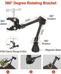 360-degree rotating bracket of Beefy Heavy Duty Soldering Station With Magnetic PCB Holder And 5 LED Magnifier, Extra Large 12x7.8 Inch Base For Electronics Repair, Flame Retardant Aluminum Alloy Frame, Stable Workbench Soldering Stand For PCBs