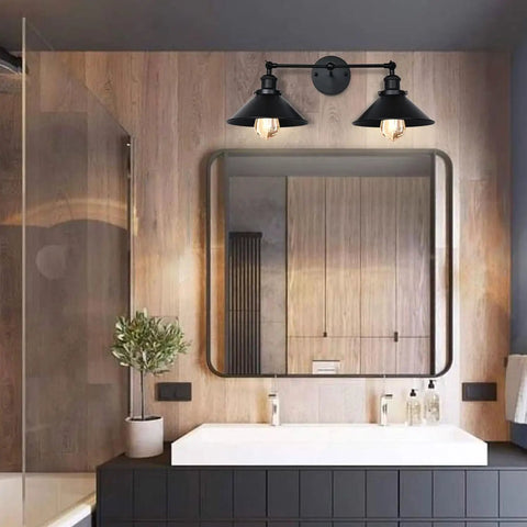 Bathroom Vanity Light Modern Industrial Black Wall Sconce With Metal Shade Dual Lights Matte Black Finish above mirror