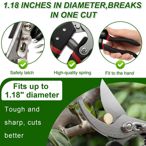 8.5 Inch Pro Grade Garden Shears With SK5 Steel Blades Heavy Duty Hedge Clippers, details of blade, latch, and ergonomic handle