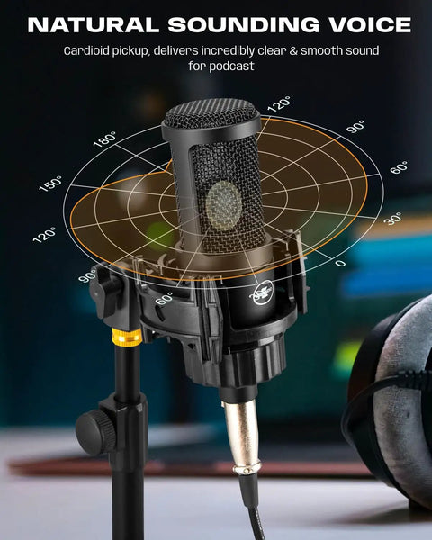 Gold 26mm Large Diaphragm Condenser Microphone Kit With Cardioid Capsule on desk stand, circular sound pattern display