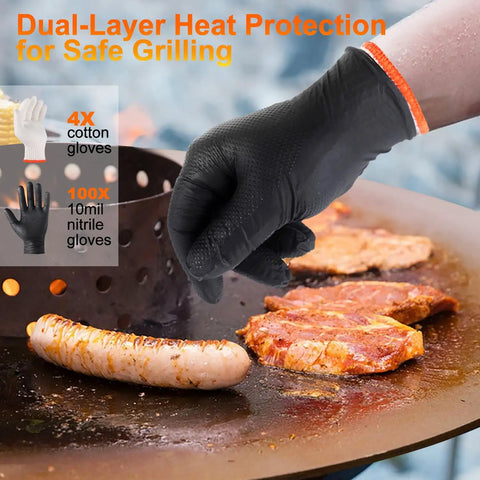 Dual Layer Heat Resistant BBQ Gloves With Nitrile And Cotton Liners 10 Mil Thick Non Slip Grip For Grilling Smoking And Handling Hot Meat Large Black Set