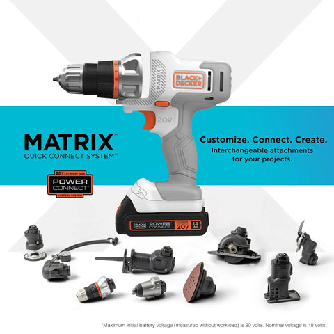 20V Max Matrix Cordless Drill And Driver Kit With Quick Connect System showing interchangeable heads and battery