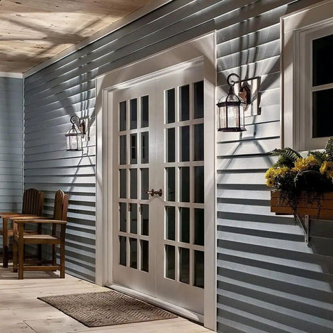 Durable Outdoor Wall Light In Black Finish With Clear Beveled Glass, 1 Light Exterior Sconce on porch at night