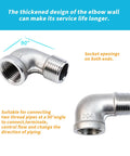 Two 304 stainless steel 90-degree elbow pipe fittings, 1/2 in NPT, female on one end and male on the other.