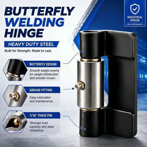 4 Pack Weld On Butterfly Hinges Heavy Duty Gate Hardware Solid Steel with grease fitting and thick pin for outdoor use.