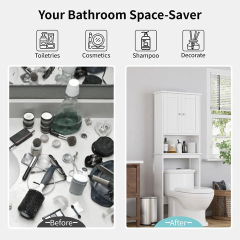 Over The Toilet Storage Cabinet With Adjustable Shelf And Anti Tip Base Freestanding Bathroom Rack showcasing organized toiletries and cosmetics.