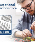 Man using 62-In-1 Precision Screwdriver Kit With 58 Magnetic Bits for electronics repair; focus on Cr-V bits with exceptional performance text