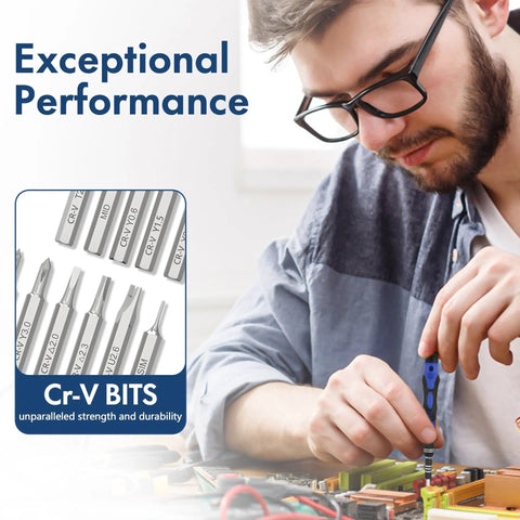 Man using 62-In-1 Precision Screwdriver Kit With 58 Magnetic Bits for electronics repair; focus on Cr-V bits with exceptional performance text