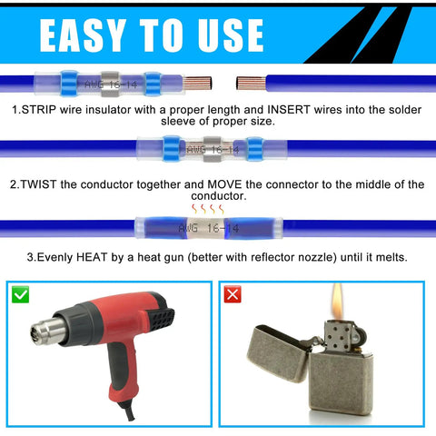 Pro Grade 450 Piece Solder Stick Wire Connectors Kit With Marine Grade Heat Shrink Waterproof And Insulated Solder Stick Butt Terminals For Boat Auto Trailer RV Bundle instructions showing easy wire connection process with heat tools.