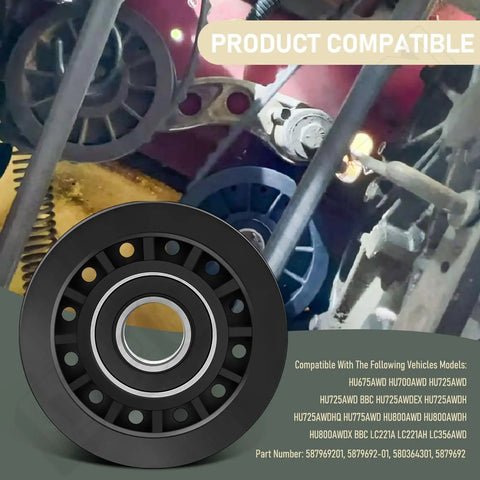 Idler Pulley For Husqvarna AWD Lawn Equipment Replaces 587969201 shown with belt and machinery in background