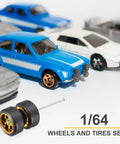 8 Piece 1 By 64 Scale Wheel And Tire Set With Real Riders Rims And Axles For RC Diecast Cars, gold rims displayed with RC cars.