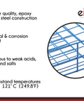 Close-up of blue epoxy coated steel wire showing durability of Blue Epoxy Coated Steel Wire Test Tube Rack With 24 Holes For Tubes Up To 16mm Outer Diameter, 4 By 6 Format, Corrosion Resistant Lab Gear For Chemistry And Teaching, Durable, Lightweight, And Easy To Clean