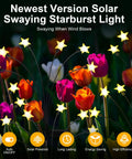 Two Pack Solar Firefly Lights For Garden Upgraded Swaying Iron Wire Outdoor Decor with star-shaped lights among tulips at night