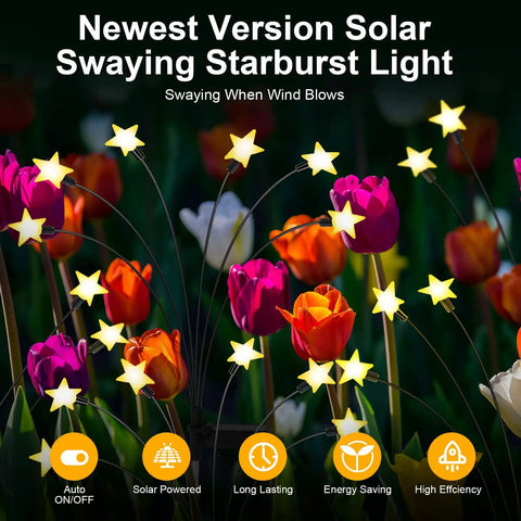 Two Pack Solar Firefly Lights For Garden Upgraded Swaying Iron Wire Outdoor Decor with star-shaped lights among tulips at night