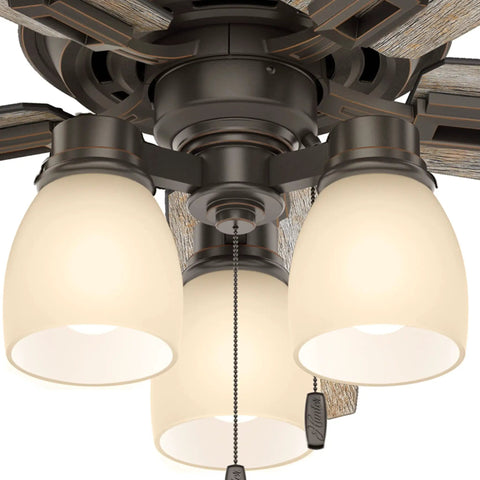 Close-up of Donegan Onyx Bengal Ceiling Fan With LED Light Kit, featuring whisper wind motor and pull chain, 52-inch model.