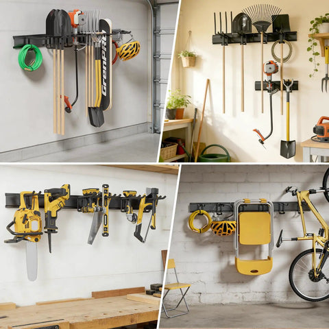 Beefed Up Garage Tool Organizer With Six Double Layer Hooks And Extended 49.5 Inch Wall Mounts Made From Powder Coated Steel To Hoist Long Handled Yard Gear And Shop Kit That Handles Up To 440 Lbs Like A Champ displayed with various tools and equipment.
