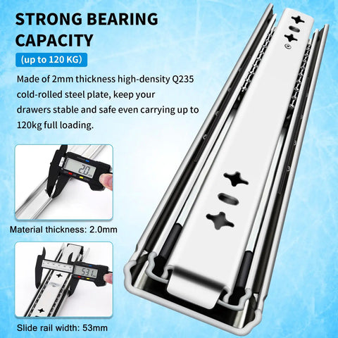 Heavy Duty Full Extension Drawer Slides Side Mount Ball Bearing Rails 12 to 40 Inch 220 Lb Capacity No Lock Pair with thickness details