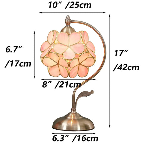 Chic Vibe Stained Glass Tiffany Style Flower Petal Table Lamp With Brass Base For Home Decor Pink 8 Inch Shade 17 Inch Tall Cherry Blossom Handmade Lighting Fixture measured dimensions