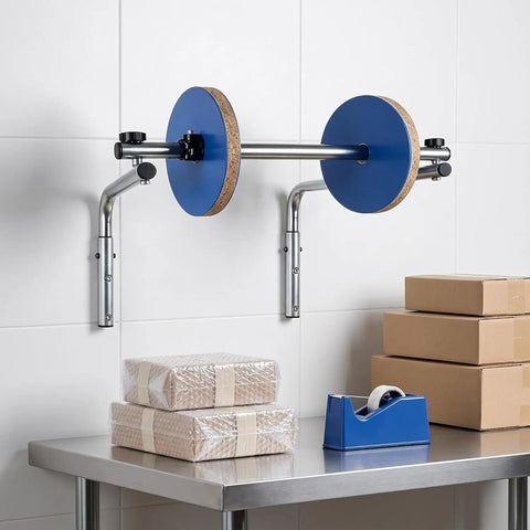 Kickass Wall Mount Bubble Wrap Dispenser With Hella Durable Foldable Steel Frame Adjusts 30 To 150Cm Rolls for warehouse packing setup.