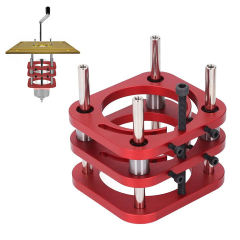 Premium Aluminum Router Table Base With Four Jaw Clamping System And Fifty One Millimeter Precision Lift Featuring Stainless Support Rods for secure router mounting.