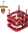 Heavy Duty Aluminum Router Table Lift Featuring A Slick Hand Crank And Four Jaw Clamp Rig For Rock Solid Woodworking Benches Up To Two Inch Vertical Rise, red clamp with bolts.