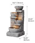 Cascading Bowls LED Outdoor Water Fountain With Stacked Stone Base For Gardens Patios Lawns And Balconies A Soothing Ambient Water Feature To Create A Tranquil Backyard Oasis showing a 4-tier design with measurements.