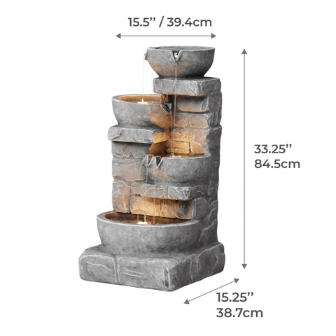 Cascading Bowls LED Outdoor Water Fountain With Stacked Stone Base For Gardens Patios Lawns And Balconies A Soothing Ambient Water Feature To Create A Tranquil Backyard Oasis showing a 4-tier design with measurements.