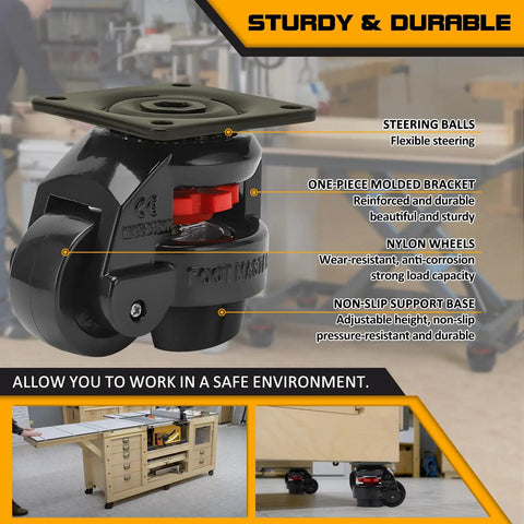 Close-up of beefy heavy duty leveling caster, showing black 1.5 inch wheel, stainless steel top plate, aluminum body, and rubber pad features.