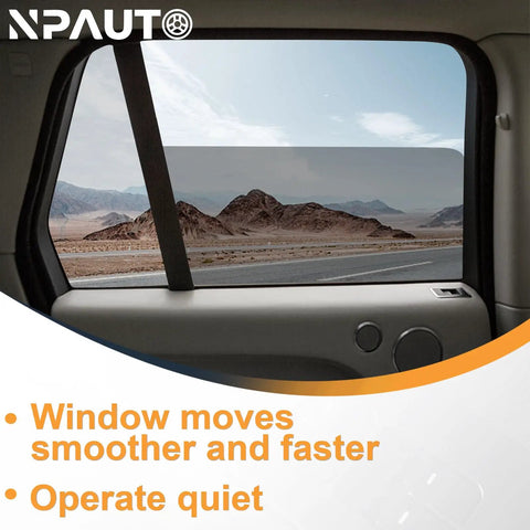 View through rear window of car showing scenery with caption about power window features