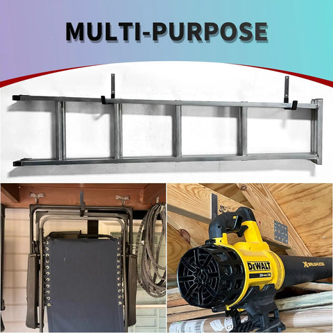 Beefy Heavy Duty Wall Mount Hooks Set for Garage and Garden holding ladder, chair, and blower on wall; steel U hooks with PVC coating
