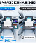 Solid Cruiser Steering Desk For Tesla Cybertruck Foundation Series 2024 To 2026 With Expandable Laptop And Dining Tray Clamping Tight For Lazy Parked Hangouts In Matte Carbon Fiber Texture side-by-side view showing extended and retracted positions.
