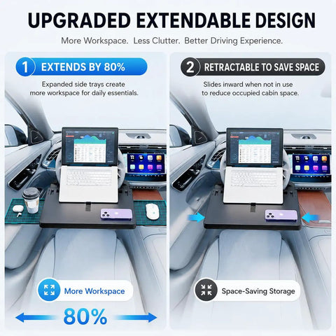 Solid Cruiser Steering Desk For Tesla Cybertruck Foundation Series 2024 To 2026 With Expandable Laptop And Dining Tray Clamping Tight For Lazy Parked Hangouts In Matte Carbon Fiber Texture side-by-side view showing extended and retracted positions.